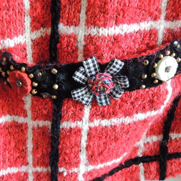 Design Options Vintage Red & White Windowpane Embellished Cardigan Jacket M - Picture 8 of 13